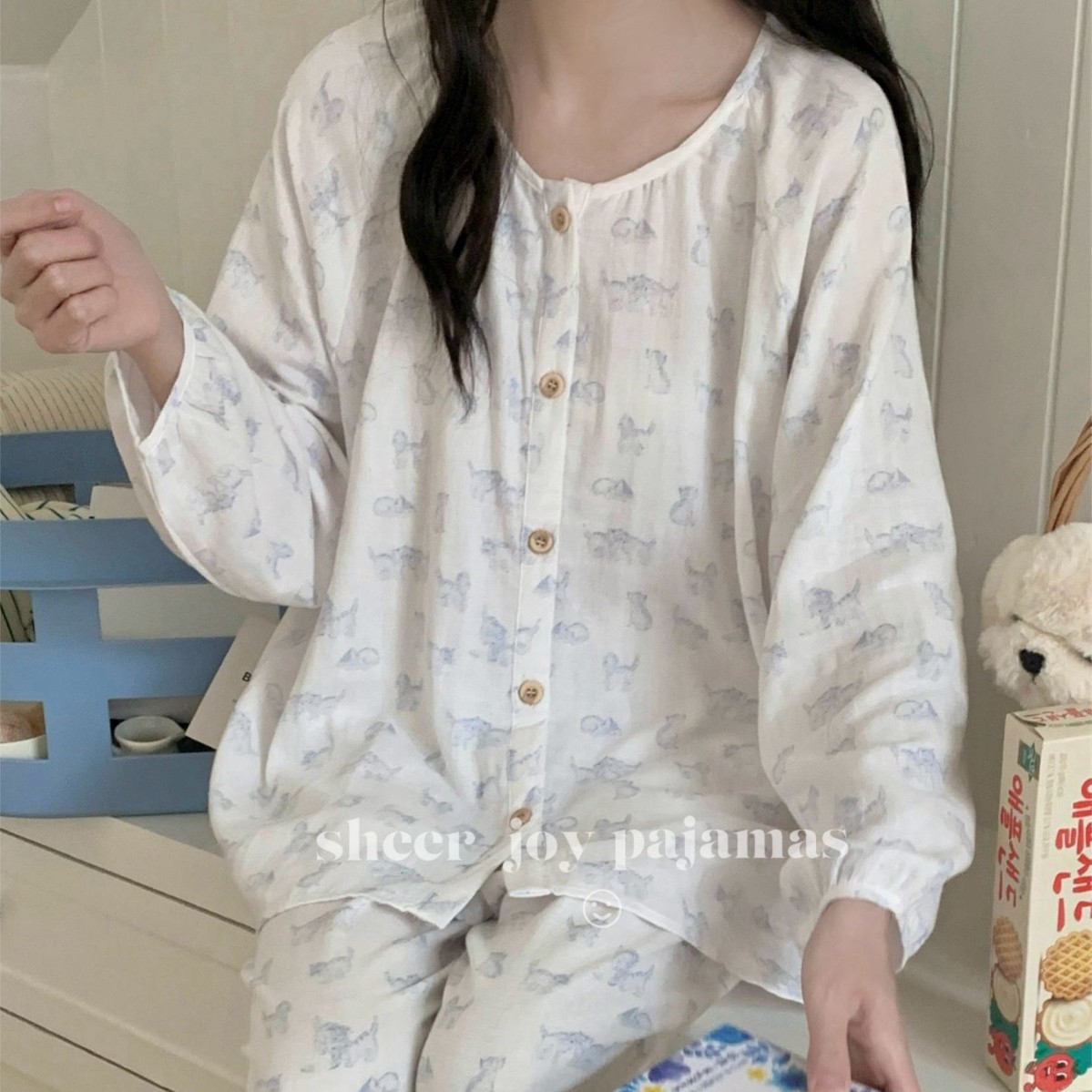 25 년 봄과 여름 새로운 디지털 인쇄 거즈 홈 의류 라운드 넥 캐주얼 잠옷 긴 소매 바지 파란 고양이