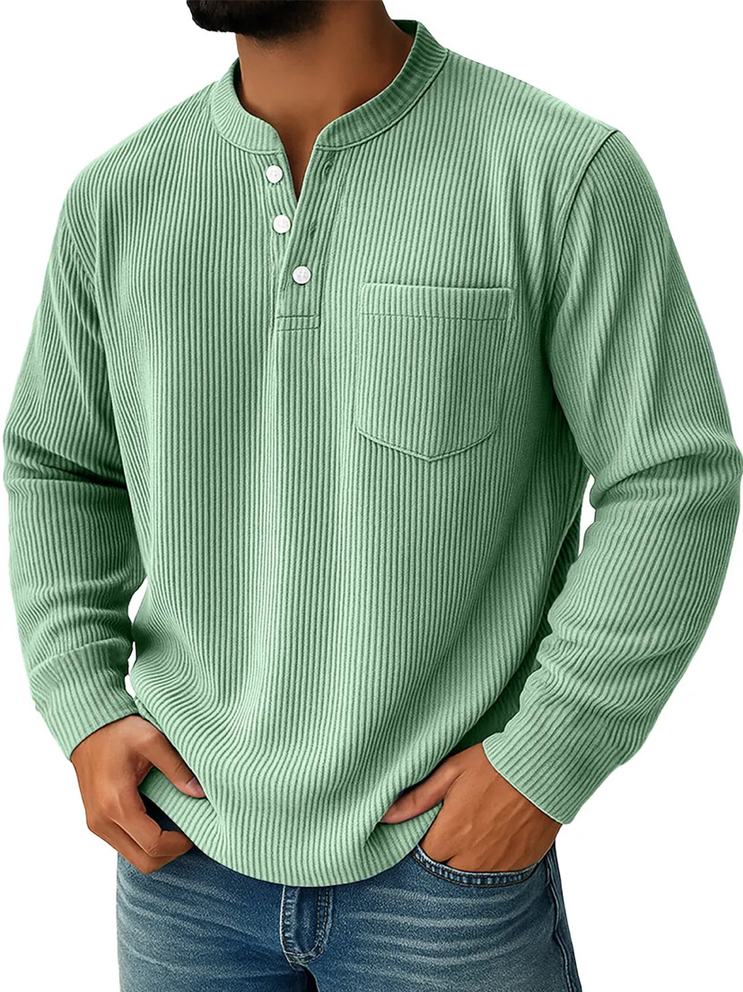 Men's Corduroy Polo Shirt Solid Colour Three-button Collar Top_voghion.com