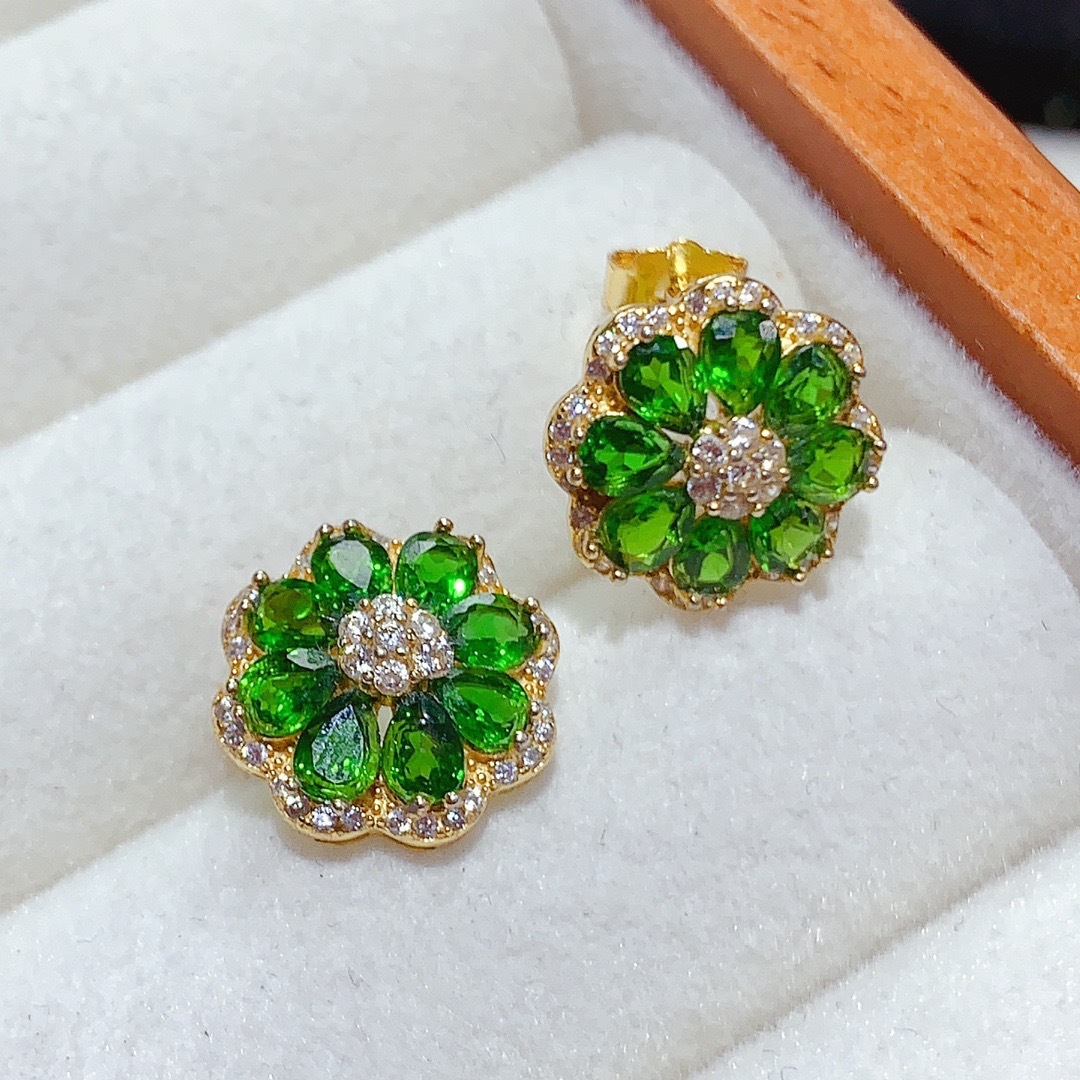 Natural Diopside Earrings 925 Sterling Silver Water Drop Flower Hidden Niche Design High-End Color Treasure Jewelry Earrings for Women