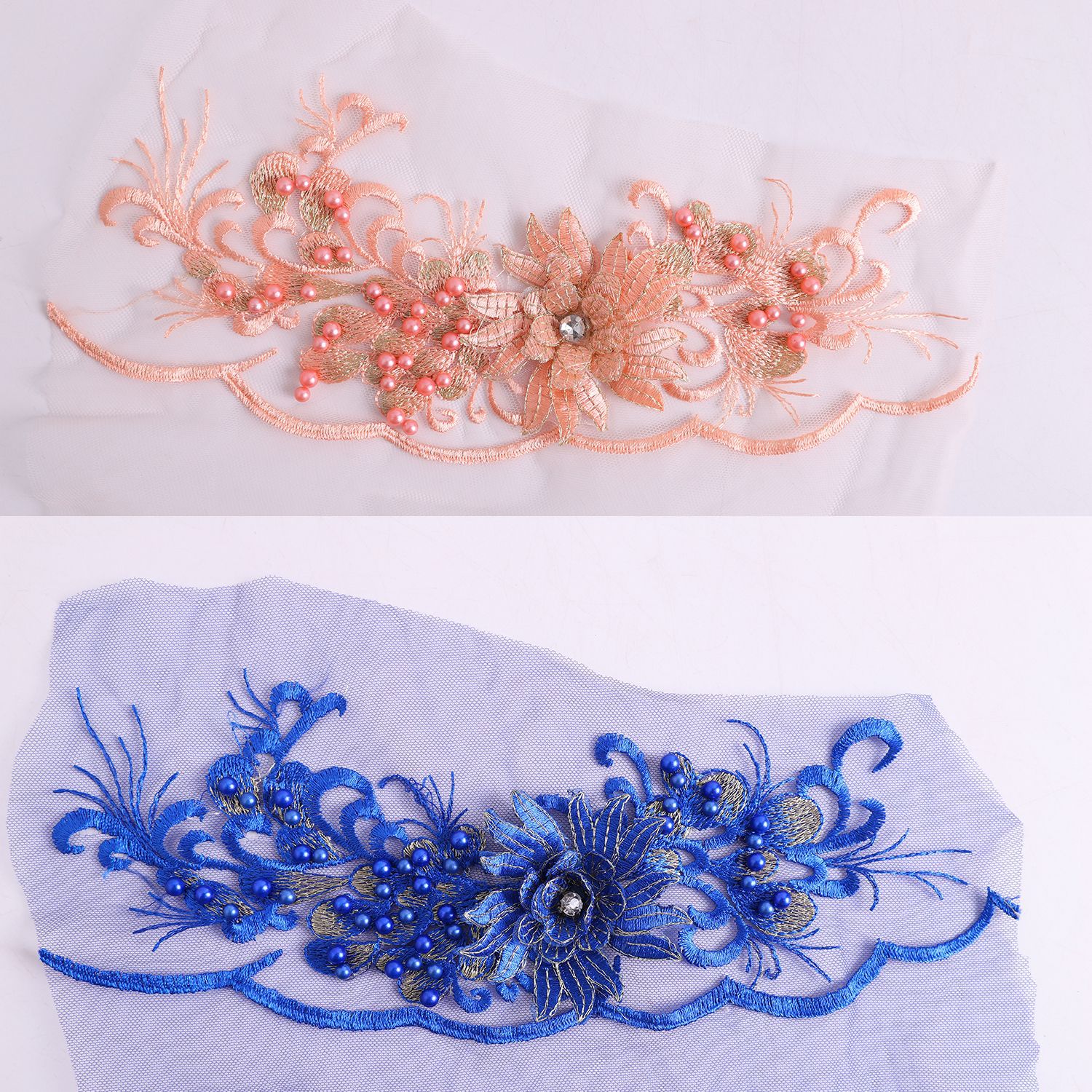 网纱底蕾丝刺绣辅料立体绣花贴钉珠小花片婚纱礼服装饰布贴