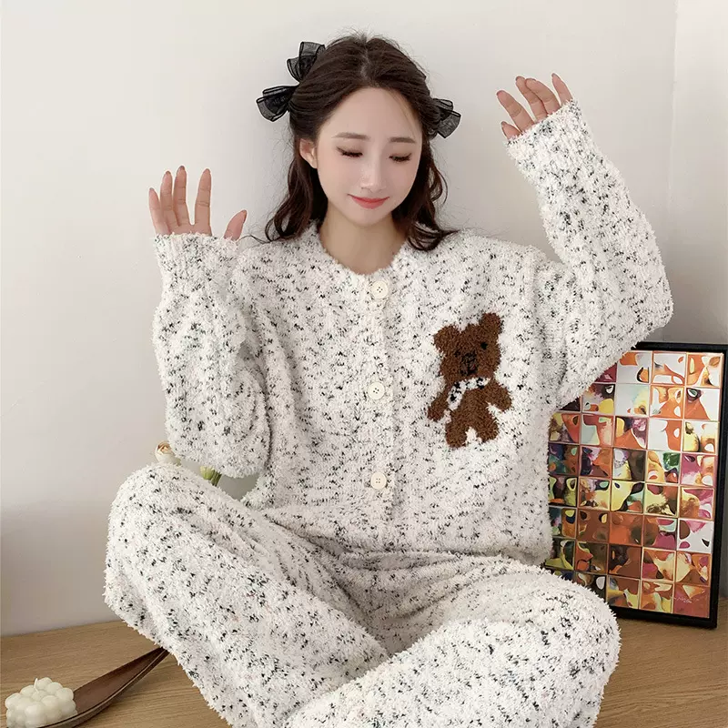 半边绒新款圆领花点可爱小熊开衫宽松显瘦设计感加厚家居服套装