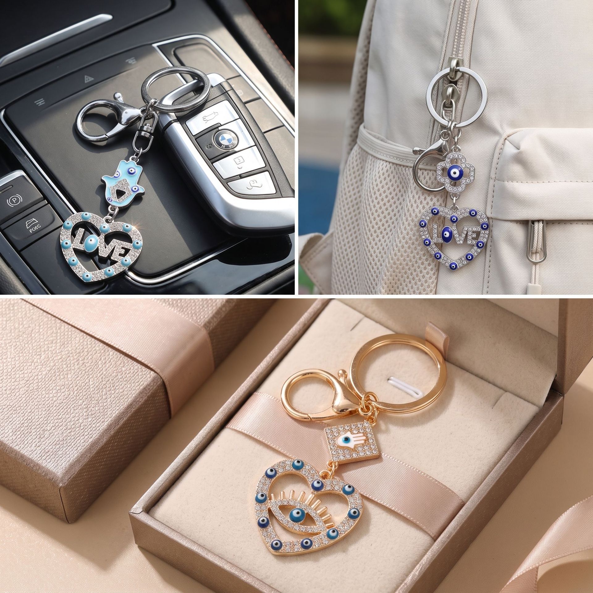 Personalidad europea y americana hueco amor pestañas joyas ojos azules ojos del diablo aleación llavero bolsos colgantes