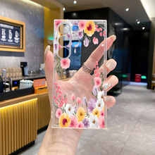 虾皮热销粉色花卉油画风适用三星S22透明精孔7防摔保护套A70女款