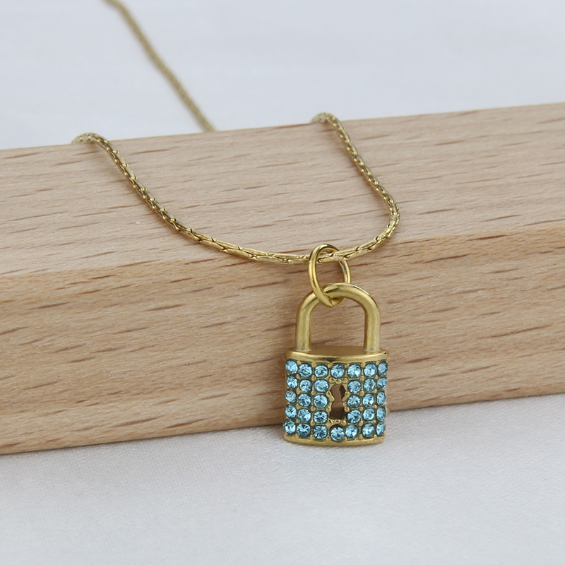 Simple Style Lock Titanium Steel Necklace Necklace Splicing Artificial Rhinestones Stainless Steel N