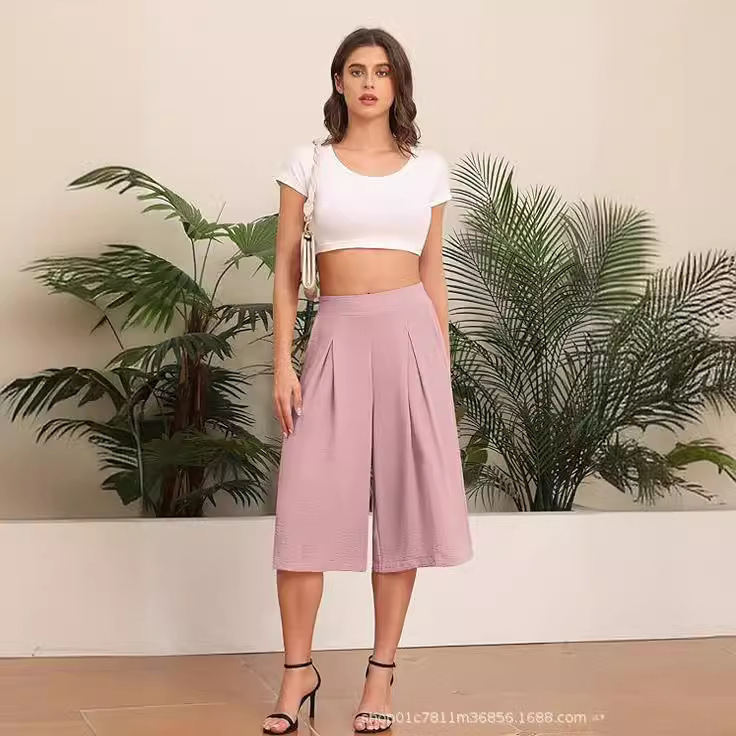 2024 Cross-border Amazon Women's Wide-leg Cropped Pants with Pocket Lightweight High Waist Looser Pants
