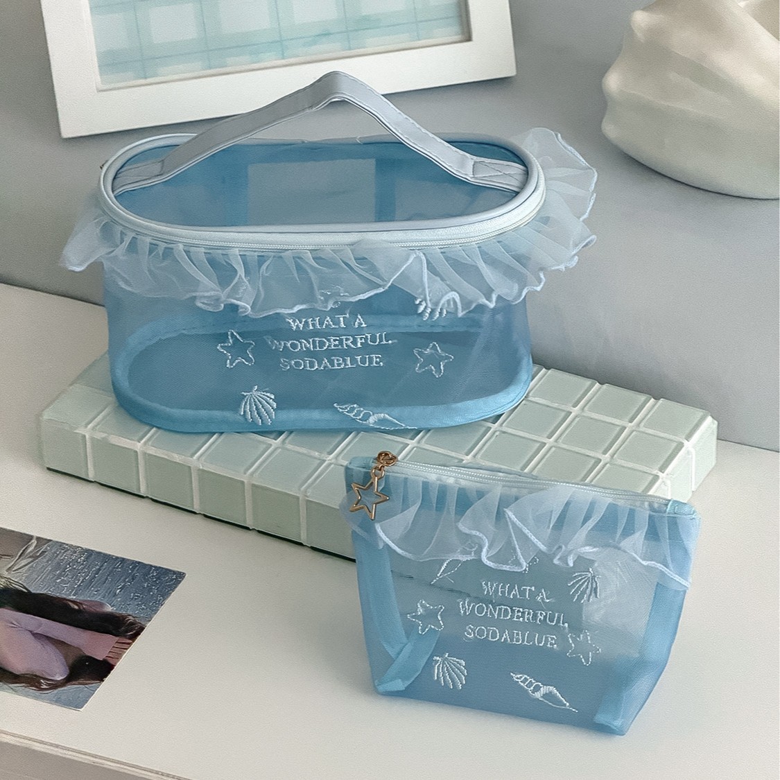 Cross-Border Ocean Blue Mesh Bag with High Aesthetic Appeal, Girly Style, Instagram-Inspired Embroidery, Hollow Design, Portable Lipstick Sample Makeup Bag