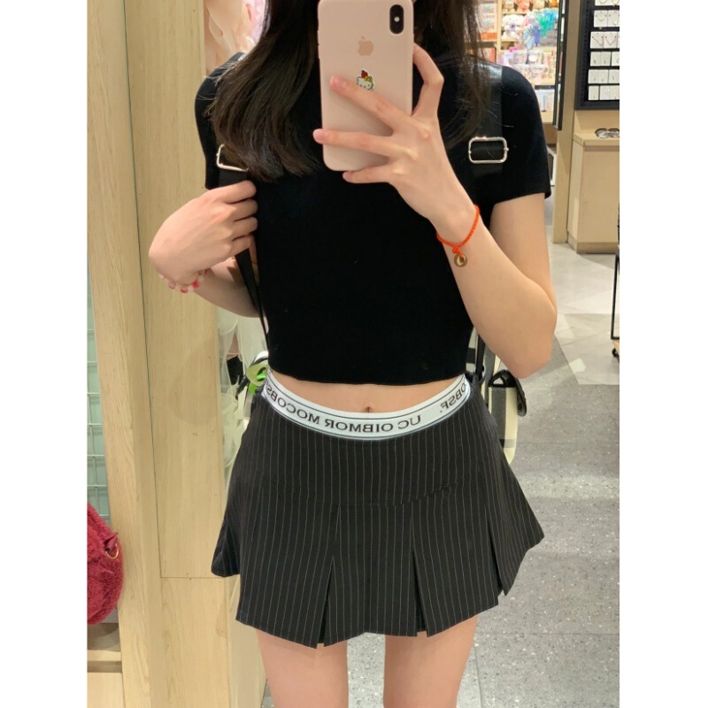 Black Stripesd Pleated Suit Skirt for Women Summer American Sexy Sports Low-Waist Splicing A-Line Hip Skirt