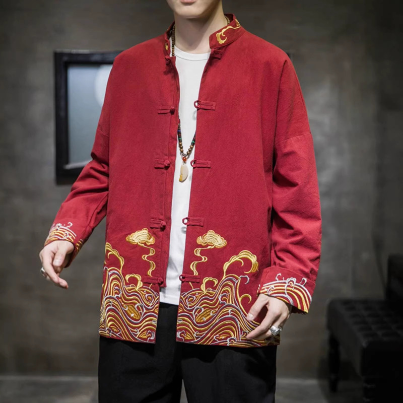 Autumn and Winter Chinese Style Men's Jacket, Red Wedding Hanfu with Button Embroidery, New Chinese Style Tang Suit, National Trend Jacket