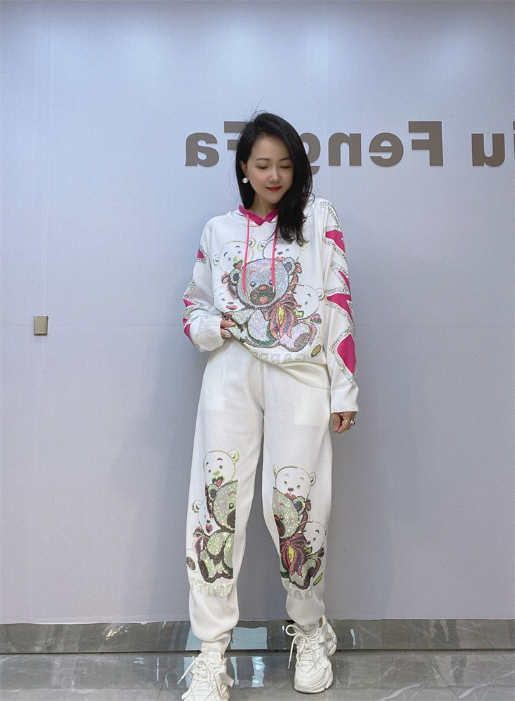 Encapuchado con capucha de punto de manga larga pantalones traje casual de las mujeres primavera y otoño Nuevo más tamaño de las mujeres pesado arte traje de dos piezas