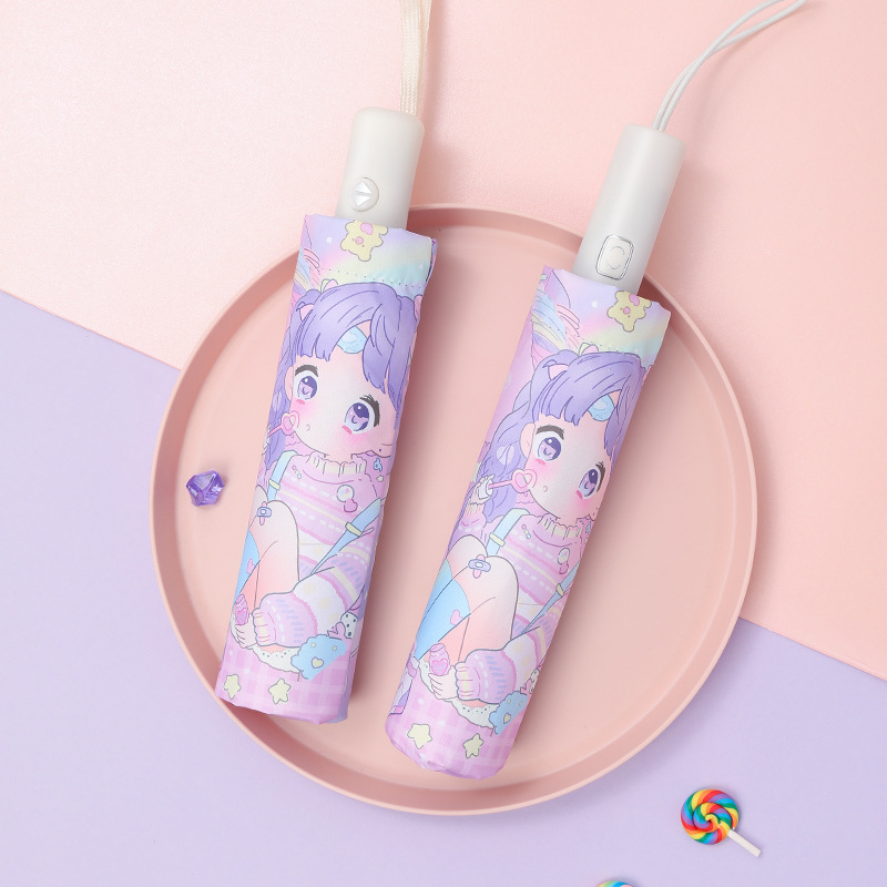 Dibujos animados conveniente automático anti-rebote niños paraguas plegable vinilo reflectante tira primaria Escuela niños paraguas