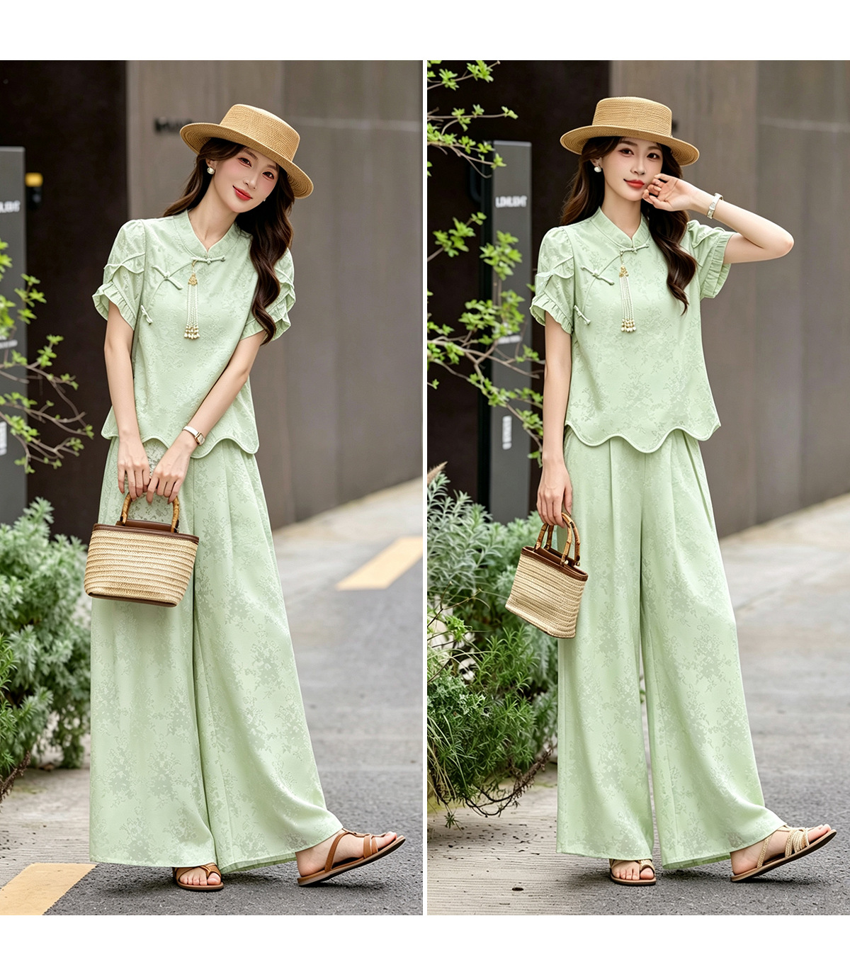 Bộ áo sơ mi họa tiết jacquard kết hợp quần ống rộng cạp thun hai mảnh thời trang — Vàng kem, xanh lá cây chi tiết 11