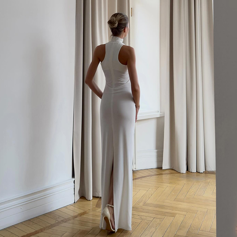 Amazon 2025 primavera y verano nuevo estilo de las mujeres europeas y americanas color sólido cuello alto temperamento sin mangas delgado vestido de cadera