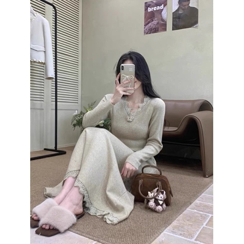 法式气质V领拼接蕾丝裙针织连衣裙女秋冬季新款过膝打底毛衣长裙|undefined