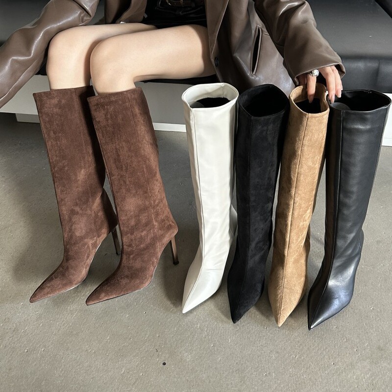 Pointed Thin Heel European and American-style Suede High Heel Boots Women's Autumn and Winter 2024 New Straight Large Skinny Boots