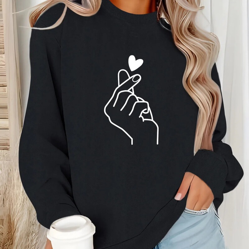 【Cross-Border European Size】European Size Hooded Sweatshirt with Round Neck and Love Gesture Print, Popular among Women for Its Aesthetic Appeal and Sporty Style
