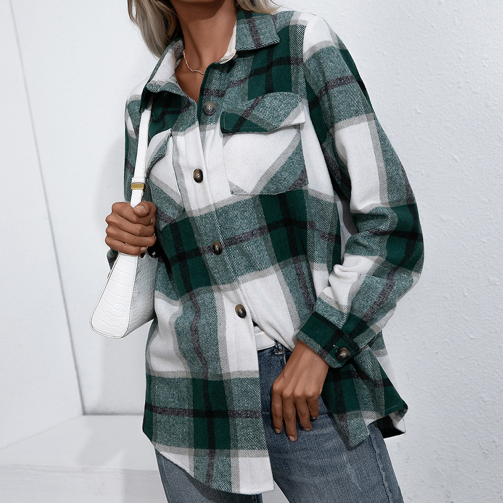 Foreign Trade wish European and American Autumn and Winter Long Sleeve Thickened Cashmere Plaid Top Loose Casual Shirt Coat Women