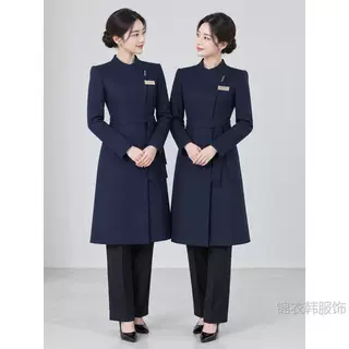 藏青色羊毛呢大衣女外套2026新款加厚职业装珠宝店酒店前台工作服