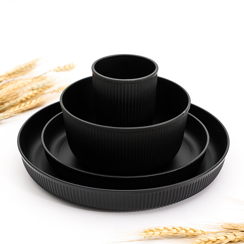 Cross-Border Simple Vertical Pattern Dishes and Plates 16-Piece Set Wheat Pp Tableware Set Household Plastic Dinner Plate Rice Bowl Water Cup