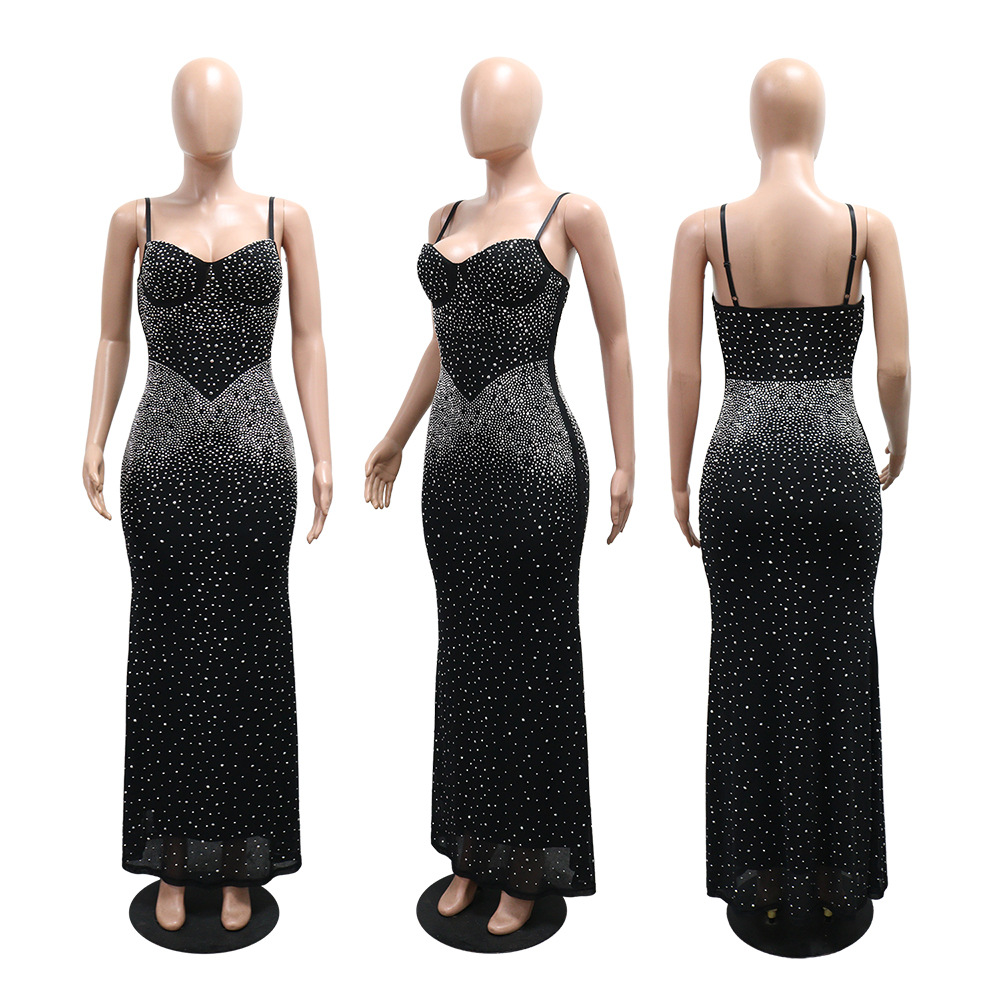 Elegant Spaghetti Strap Long Dress With Rhinestone Details, Women's Chic Bodycon Maxi Dress For Parties_ecoleips.com