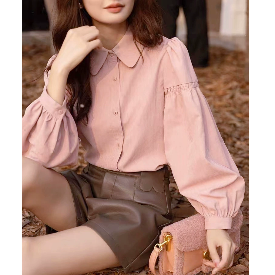 Французская розовая рубашка женская осень свободная