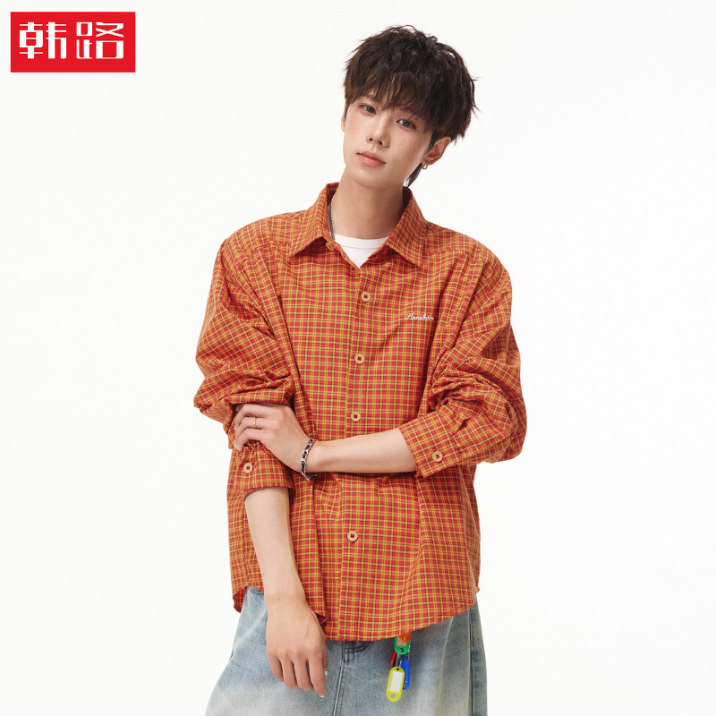 Hanlu | American-style plaid long-sleeve shirt for men, autumn collection, trendy retro orange dopamine plaid shirt jacket
