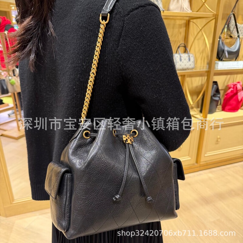 Cross-Border Tb Charlie Quilted Drawstring Bucket Bag Trendy Simple Shoulder Chain Hobo Tote Women's Bag