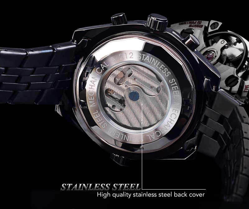 Moda jaragar hombres europeos y americanos negro casual hueco multifunción gran dial automático reloj de pulsera mecánico