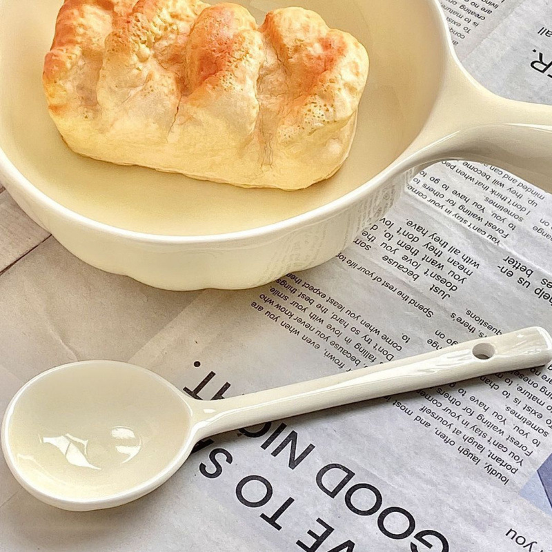 奶油色餐具陶瓷手柄勺家用耐高温一人食奶油泡面饭碗菜盘子|undefined
