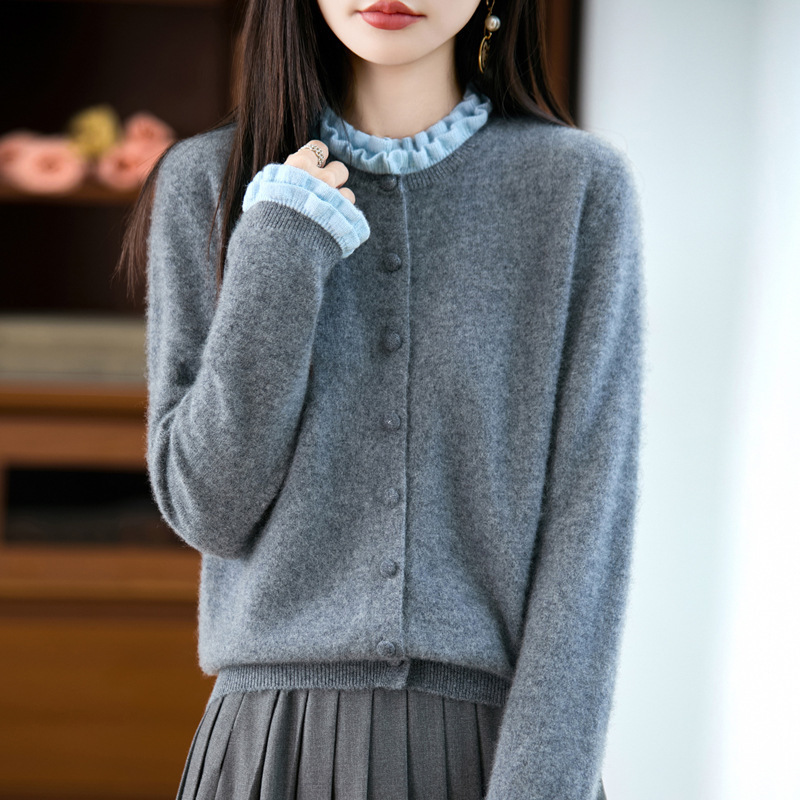 时尚木耳花边羊毛开衫女100纯羊毛针织外套上衣秋冬新款女装毛衣|undefined