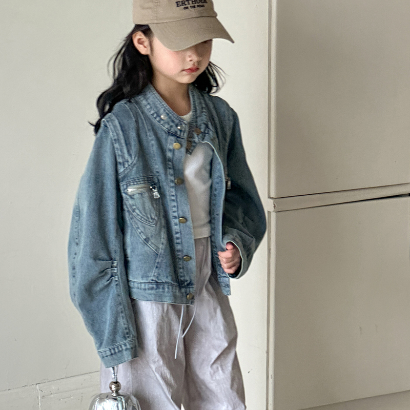 Little Red Fish Children's Spring Baseball Jacket Girls' Denim Coat 2026 Trendy Denim Clothing for Older Girls