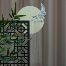 苗族发饰汉服配饰月牙头饰战国袍珍珠流苏发夹古风后压发饰套月牙