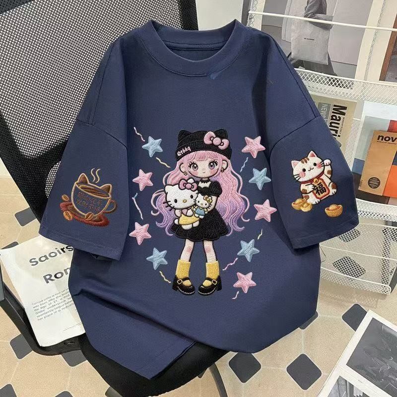 2026 Summer Girls' Pure Cotton Short-Sleeve T-Shirt with Cartoon Style, Imitation Embroidery Print, Loose Fit, Trendy Top for Medium and Large Children