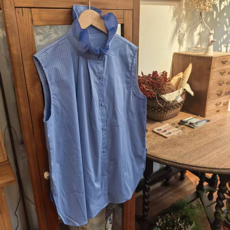 100% Combed Cotton Loose Fit Sleeveless Shirt for Commuting and Casual Wear, Breathable Top with Ruffled Collar Design, Slimming Effect A69 100% Combed Cotton Loose Fit Sleeveless Shirt for Commuting and Casual Wear, Breathable Top with Ruffled Collar Design, Slimming Effect A69