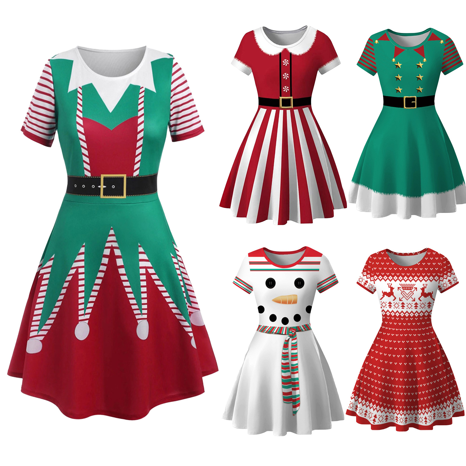 Foreign trade European and American Amazon Christmas dress round neck short sleeve printed large swing dress women's dress XX0278