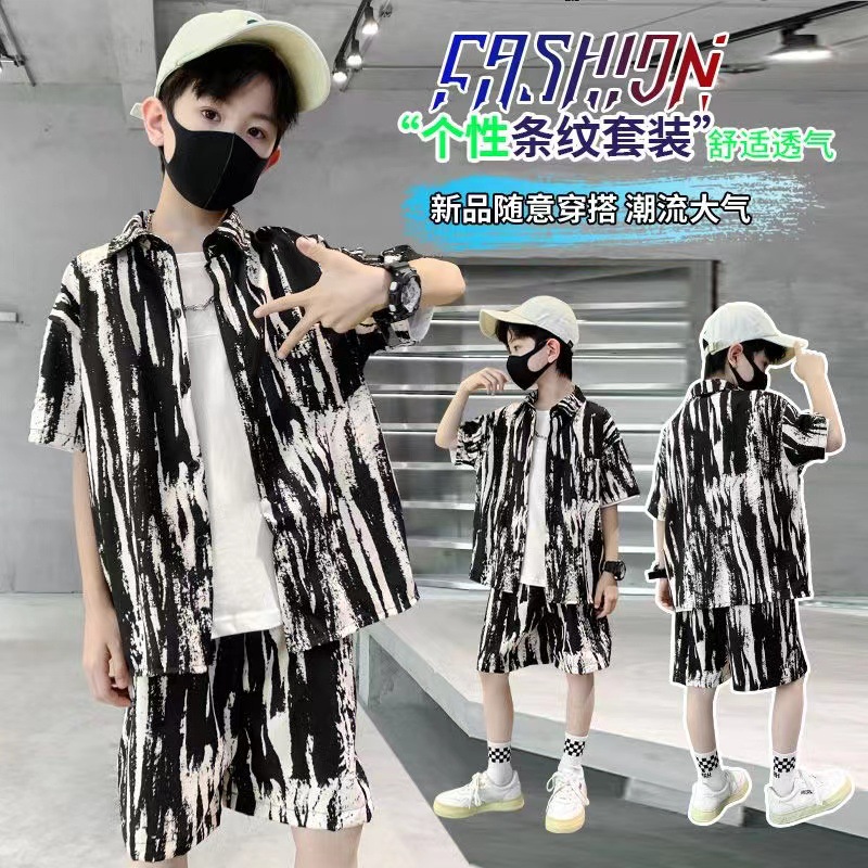 Boys summer suit new Hong Kong style shirt suit big children's western style floral casual flower shirt children's clothing wholesale