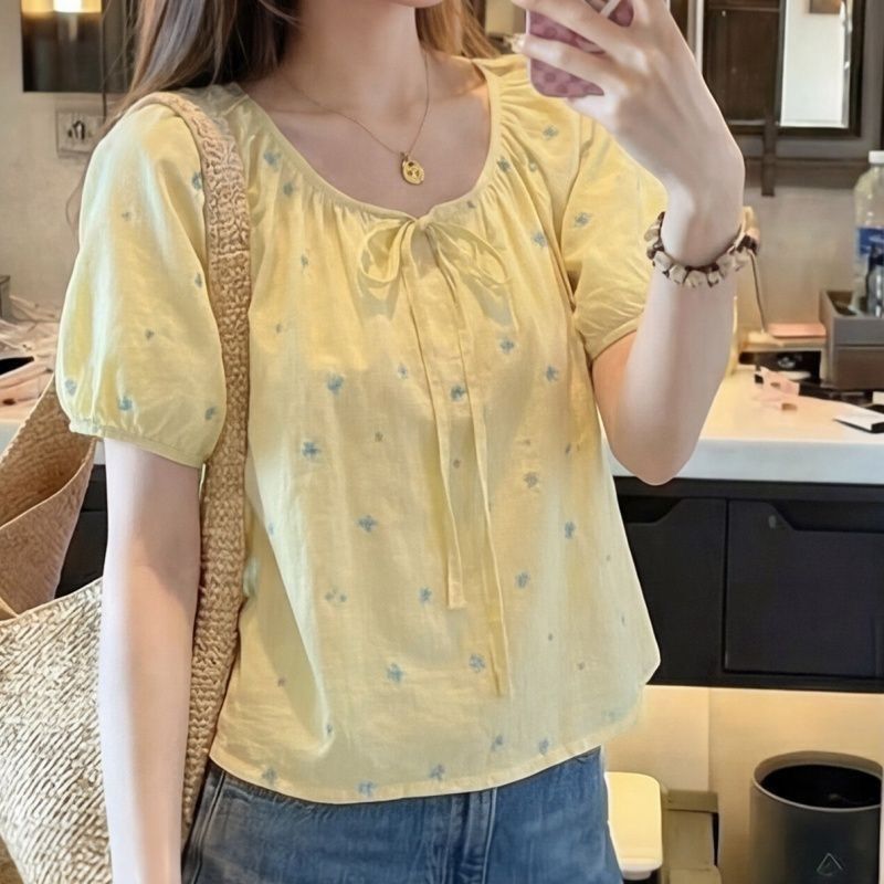 2026 Sweet Style Puff Sleeve Floral Top for Women, Summer Tie Design, Niche Plus-Size Youthful Yellow Shirt