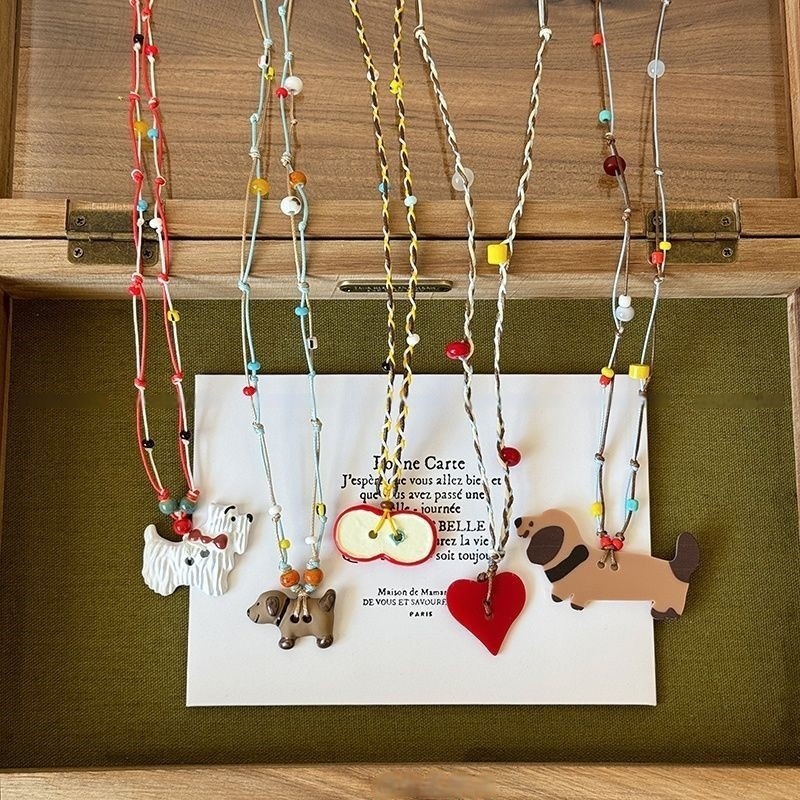 Cartoon Ceramic Puppy Beaded Pendant Necklace Women's Dopamine Color Long Adjustable Sweatshirt Chain All-match Accessories
