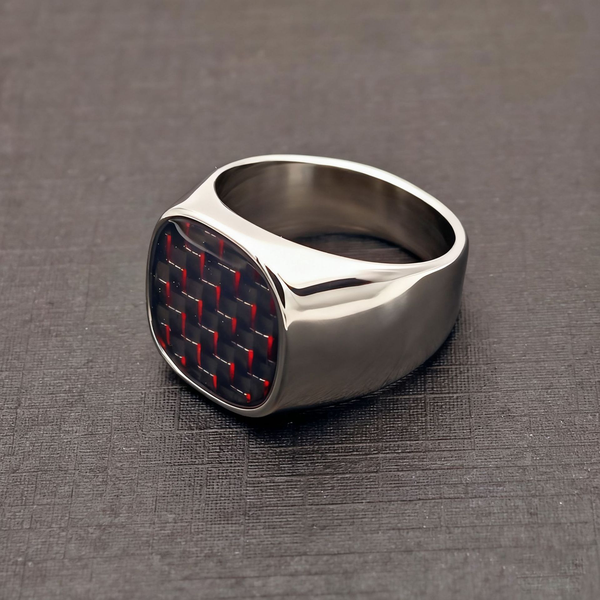 Herrenring Aus Carbonfaser Und Titanstahl Kariert Rot Schwarz_voghion.com