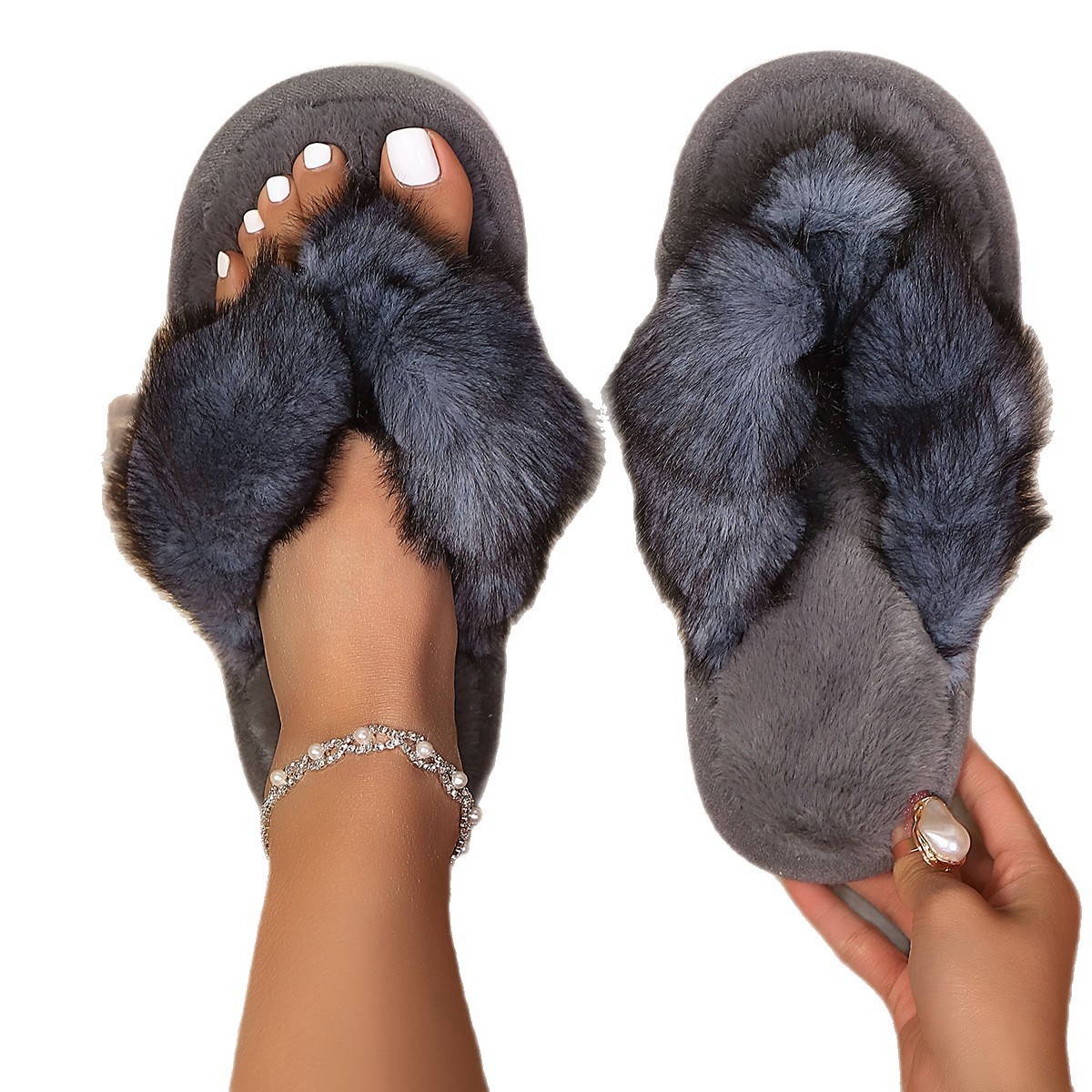 Zapatillas de pelusa suave, zapatillas de lana plana antideslizantes, zapatillas de espesar, zapatillas de interior y exterior para mujeres. image 6