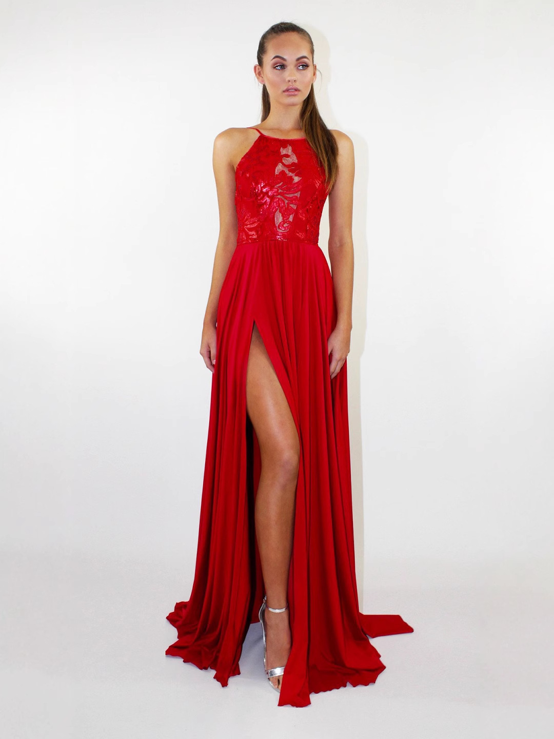 Vestido de noche sexy para mujer, estilo europeo y americano, para comercio transfronterizo, con diseño de espalda descubierta con cordones, color sólido, abertura y detalles calados. image 2