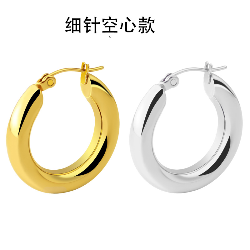 欧美耳环圆形钛钢加厚空心细针款耳环加粗不锈钢圆圈耳环耳扣2020