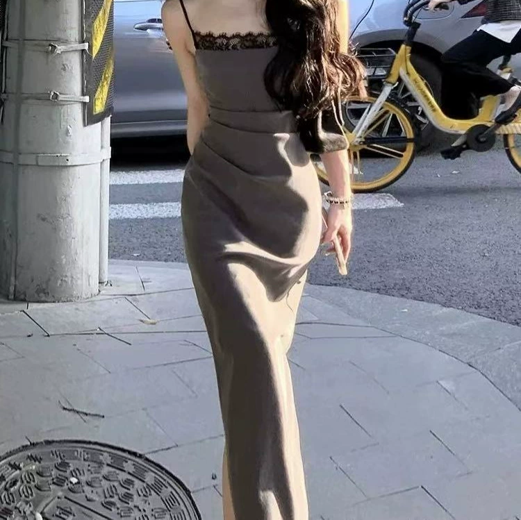 Серая кружевная сшитая складчатая платье женская летняя новая длинная юбка с тонким рыбьим хвостом