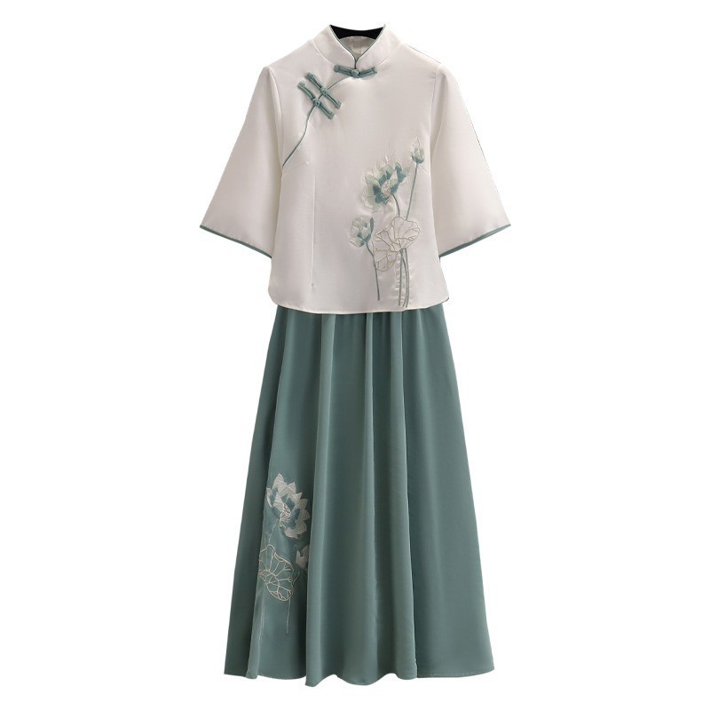 Lotus Embroidered Seven-Sleeve Top Chinese Style Suit Women's Tang Suit Retro Large Size Slimming Zen Tea Suit for Chubby Girls