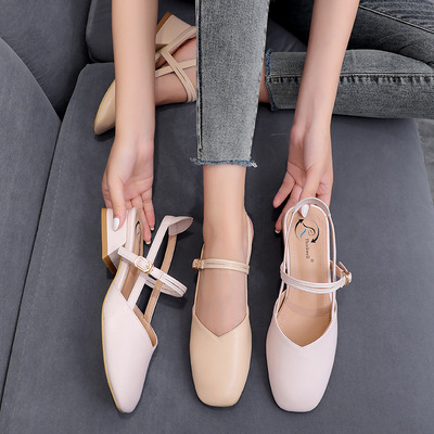 Baotou sandals women 2021 new pattern summer With crude Middle heel leisure time Korean Edition Two wear Small code Fairy Wind