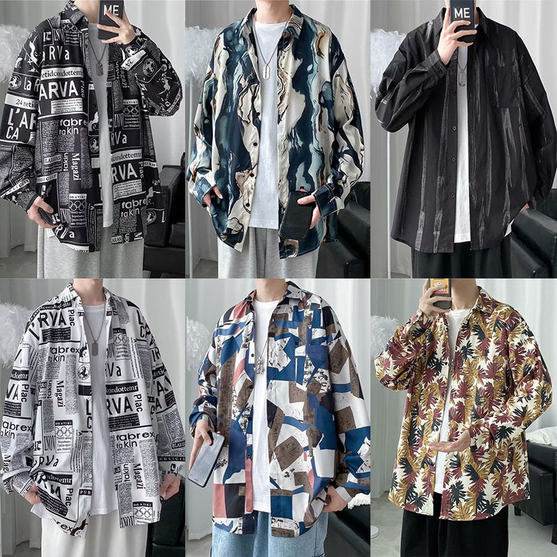 Batik-Druckhemd, langärmliges Herrenoberteil in koreanischer Version mit lockerem Drapierung, leichter, reifer Stil für Frühling und Herbst_voghion.com