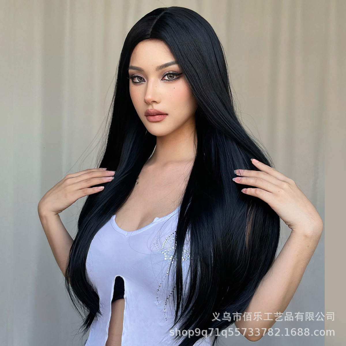 Peluca negra transfronteriza con raya al medio, cabello largo y liso, cobertura completa, suave y natural, red de rosas, pelucas en stock listas para envío del fabricante. image 3