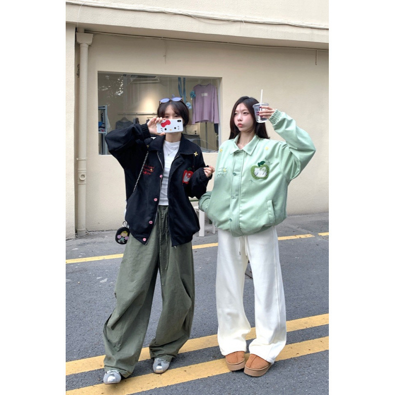 Korean Sweet Style American Retro Suede Apple Towel Embroidered Jacket Women's Autum Jacket Niche Loose Top