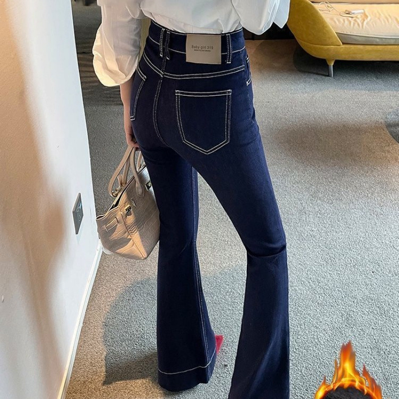 丹宁蓝高腰微喇牛仔裤女秋冬加绒修身弹力显瘦喇叭裤小个子拖地裤|undefined