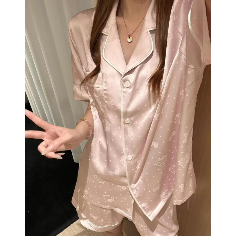 Popular Jacquard Ice Silk Pajamas for Women, Short-Sleeved Shorts, Summer Cartoon Kt Cat Cardigan, Lapel, Plus-Size Loungewear Set