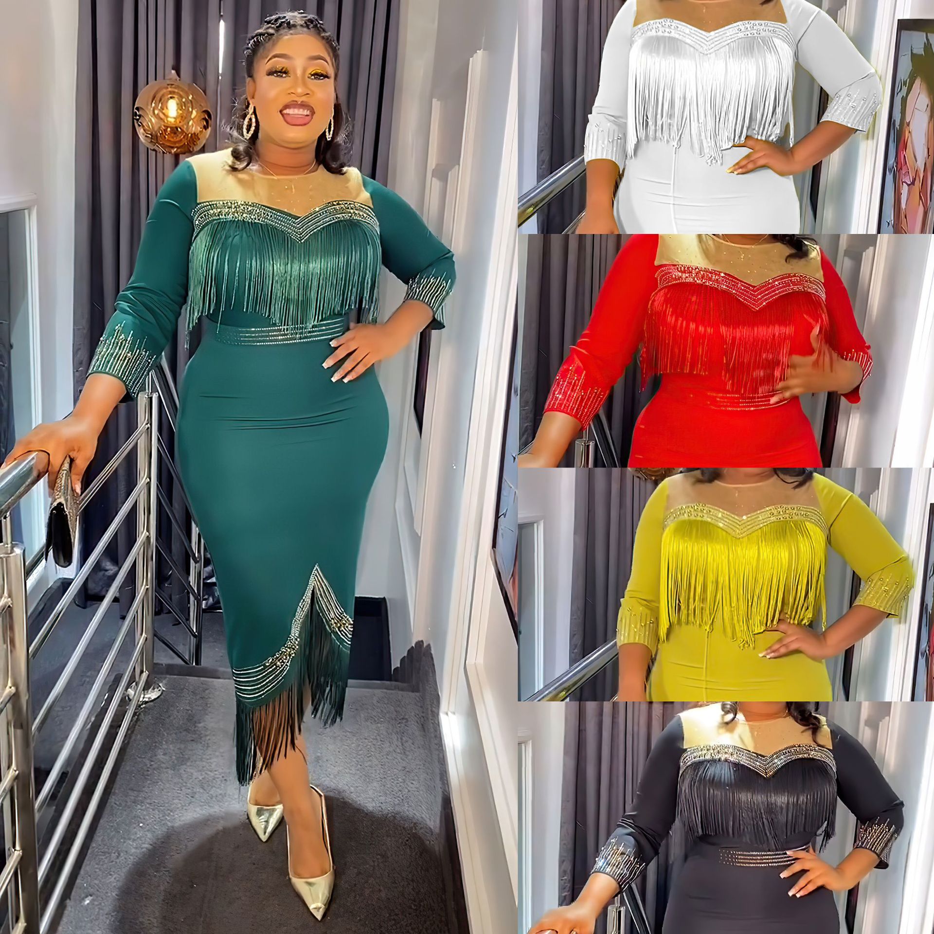 GraceChic New European And American Cross-Border Trade Plus Size Women's Clothing African Rhinestone Tassel_voghion.com